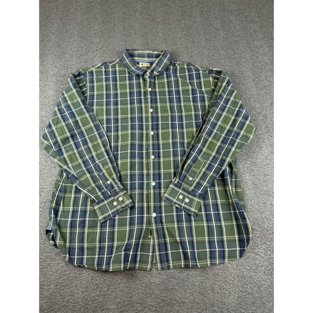 Haggar Button Down Shirt Men's XL Green Blue Plaid Long Sleeve Cotton Pocket